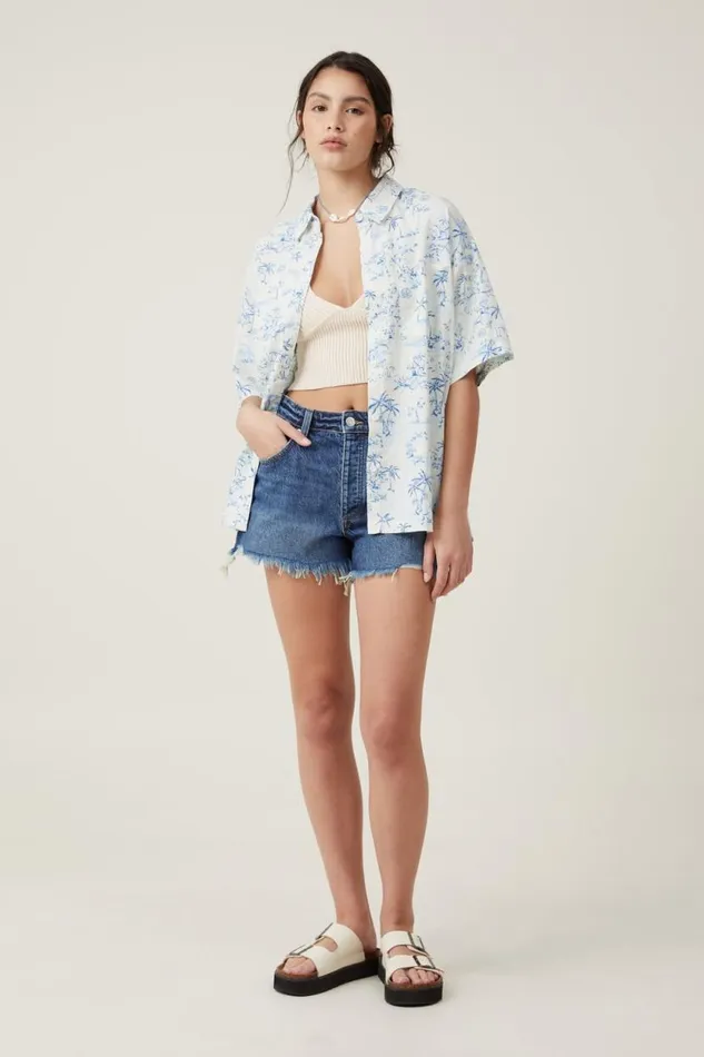 Haven Short Sleeve Shirt Tropical Toile Pacific Blue Women Cotton On Tops