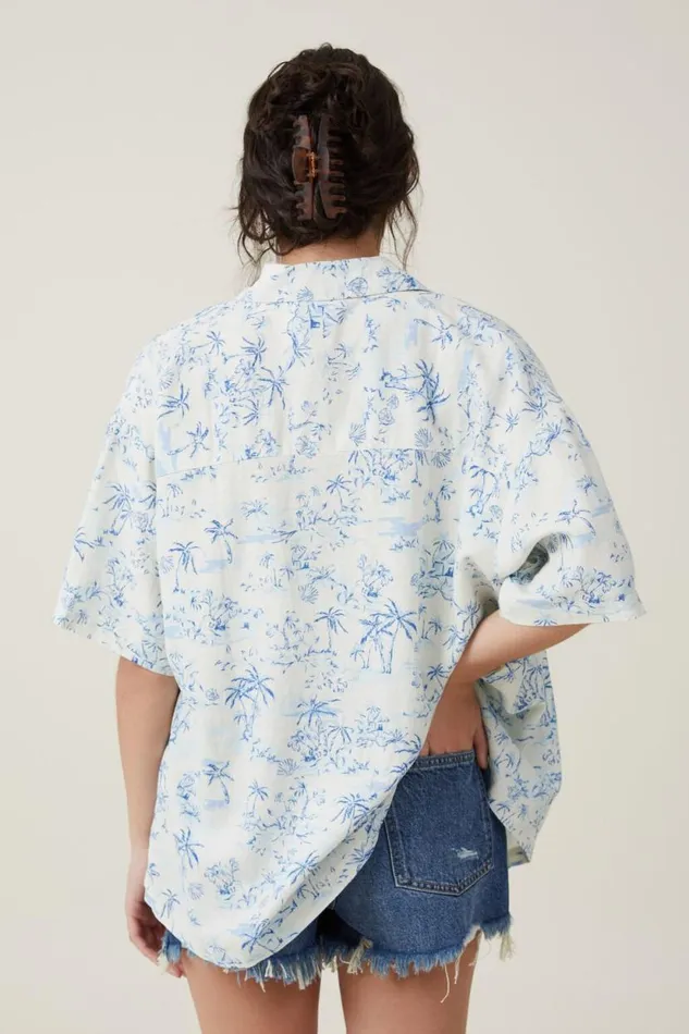 Haven Short Sleeve Shirt Tropical Toile Pacific Blue Women Cotton On Tops