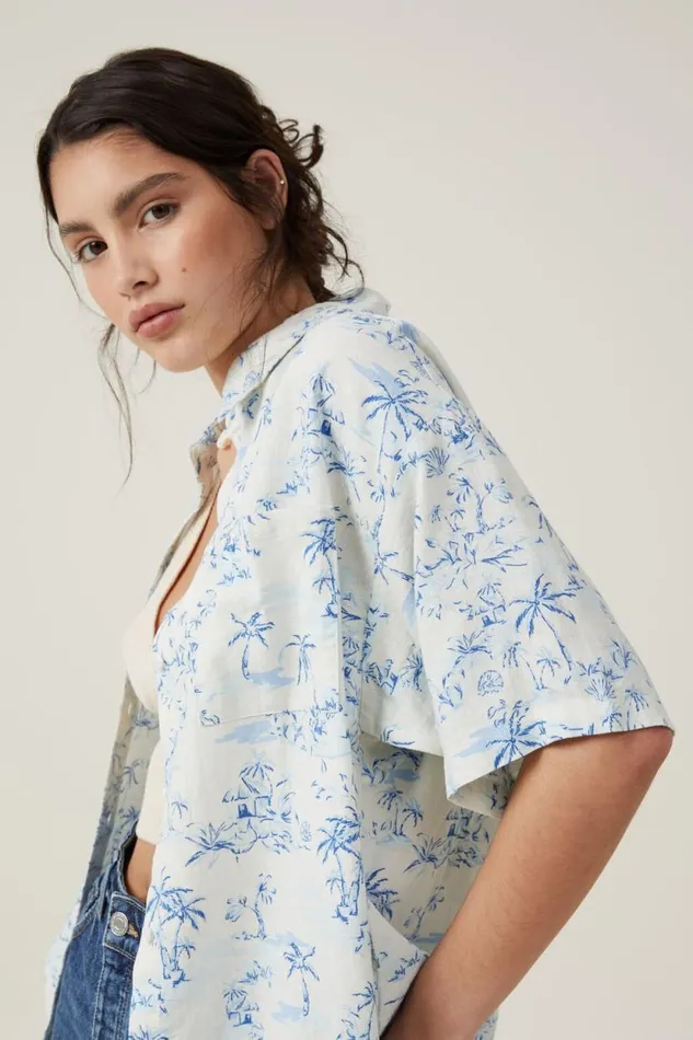 Haven Short Sleeve Shirt Tropical Toile Pacific Blue Women Cotton On Tops