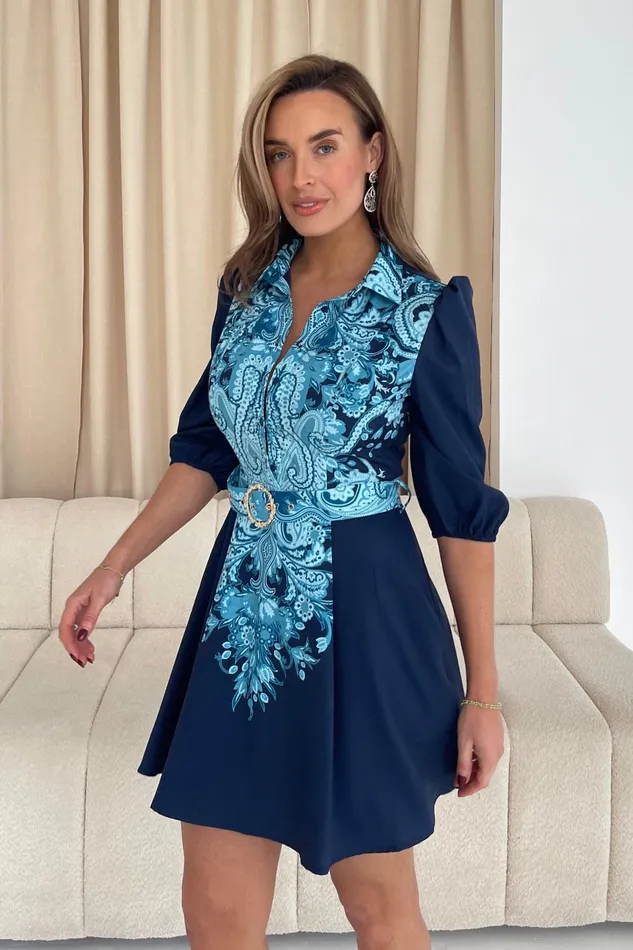 Holland Paisley Print Collar Mini Dress Navy Women Girl In Mind CoOrds