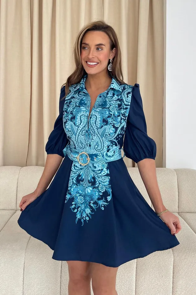 Holland Paisley Print Collar Mini Dress Navy Women Girl In Mind CoOrds