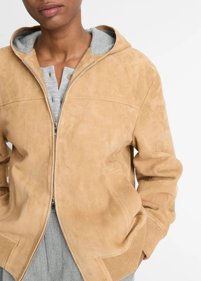 Jackets and Outerwear Women Vince KnitLined Suede Hoodie Sable Jackets and Outerwear Women Vince KnitLined Suede Hoodie Sable