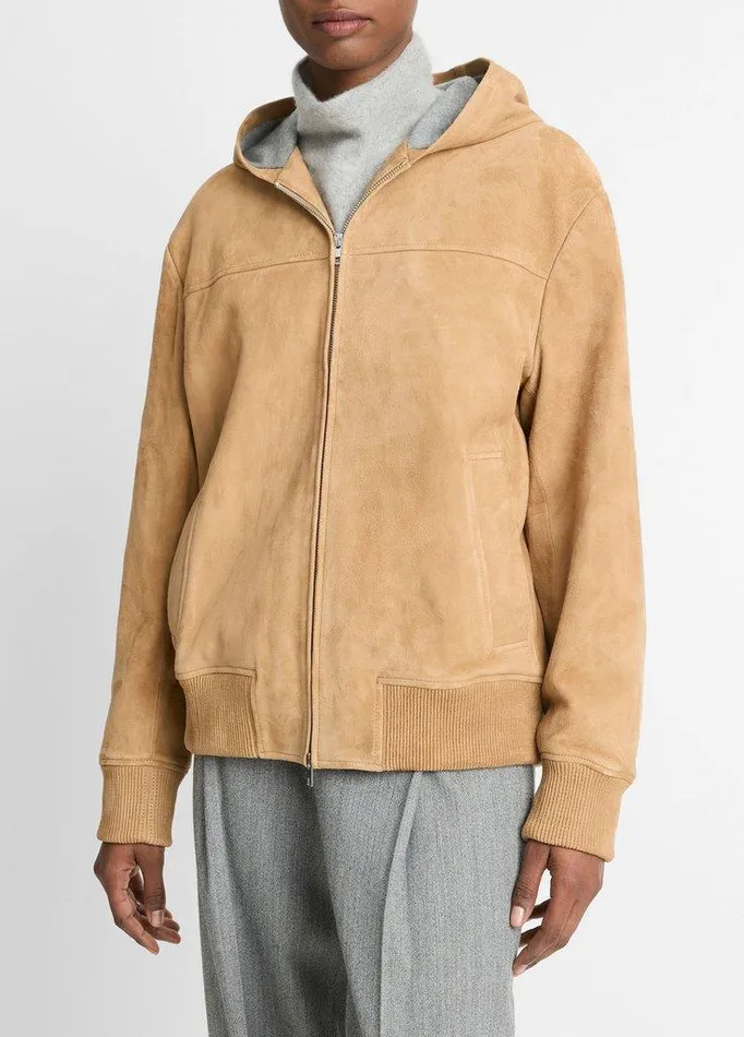 Jackets and Outerwear Women Vince KnitLined Suede Hoodie Sable Jackets and Outerwear Women Vince KnitLined Suede Hoodie Sable