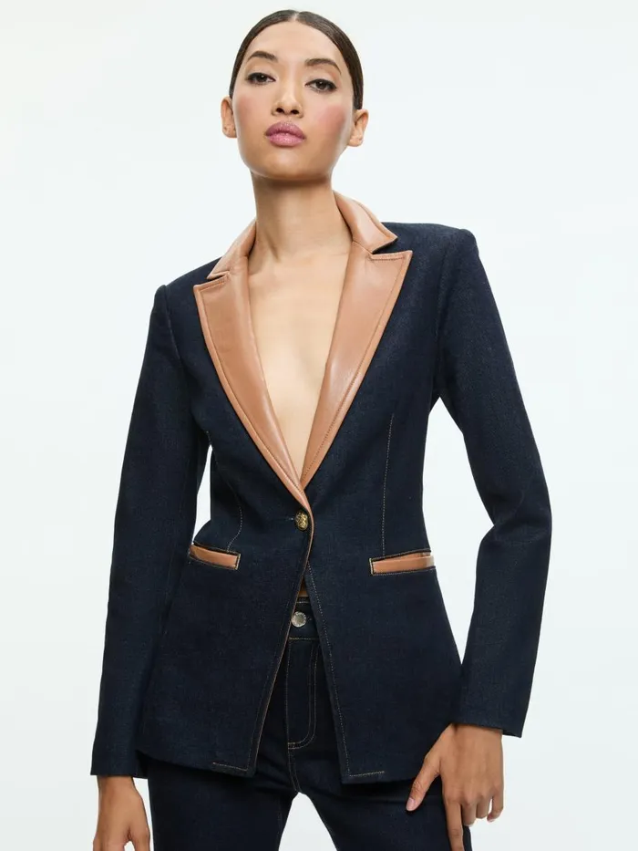 Jackets Coats Women Alice Olivia BREANN LONG BLAZER WITH VEGAN COMBO Dark Rinse Jackets Coats Women Alice Olivia BREANN LONG BLAZER WITH VEGAN COMBO Dark Rinse