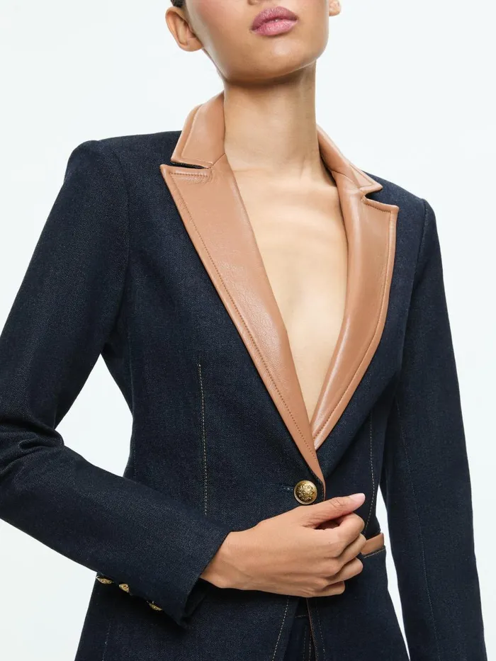 Jackets Coats Women Alice Olivia BREANN LONG BLAZER WITH VEGAN COMBO Dark Rinse