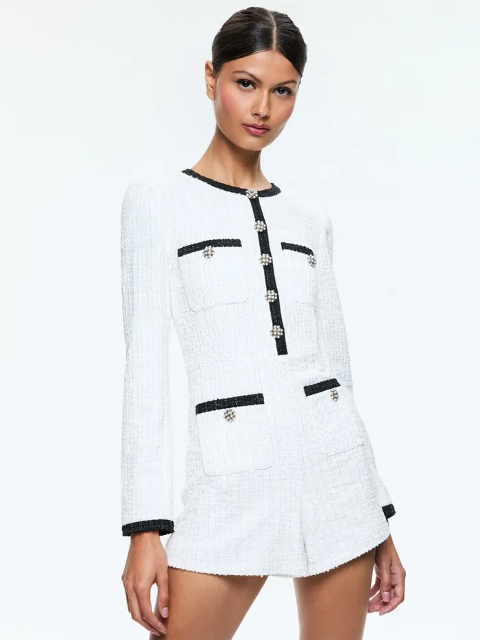 Jumpsuits Rompers Women Alice Olivia SHILOH BUTTONFRONT PATCH POCKET ROMPER Off Whiteblack