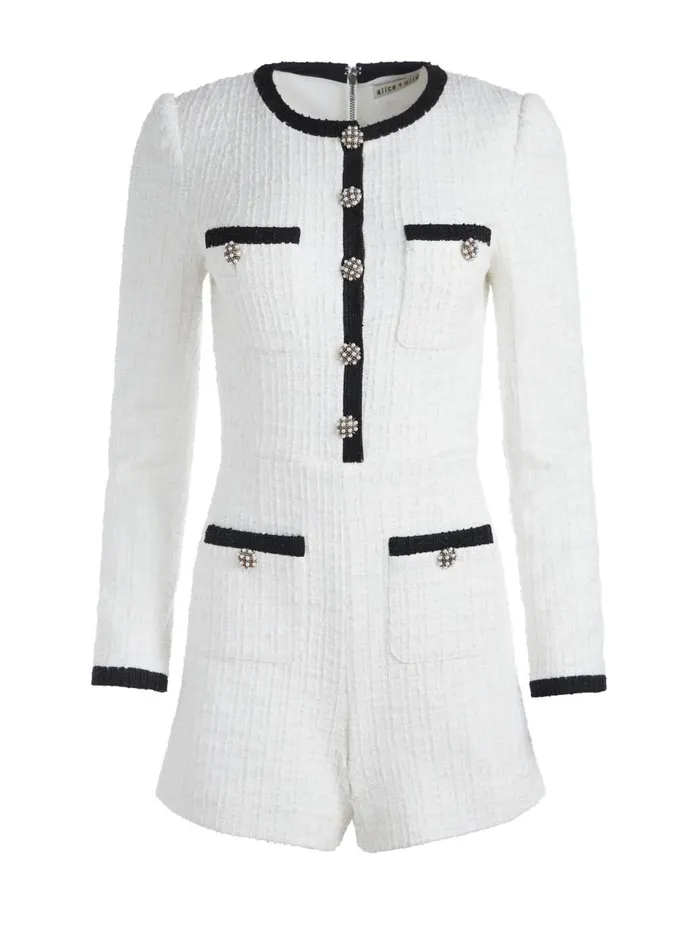 Jumpsuits Rompers Women Alice Olivia SHILOH BUTTONFRONT PATCH POCKET ROMPER Off Whiteblack