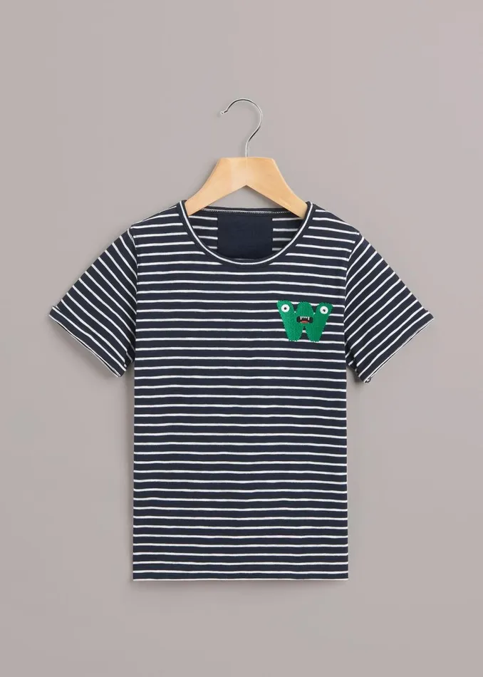 Kids Tops Whistles Navy Monster Embroidered T Shirt