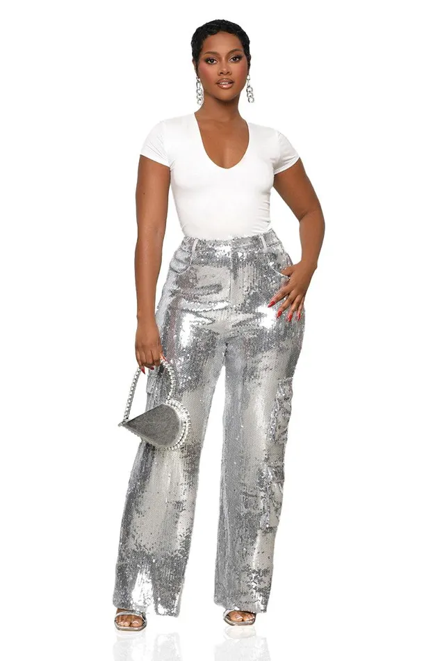 Lilly039s Kloset Bottoms Women Top Tier Sequin Cargo Pants Silver