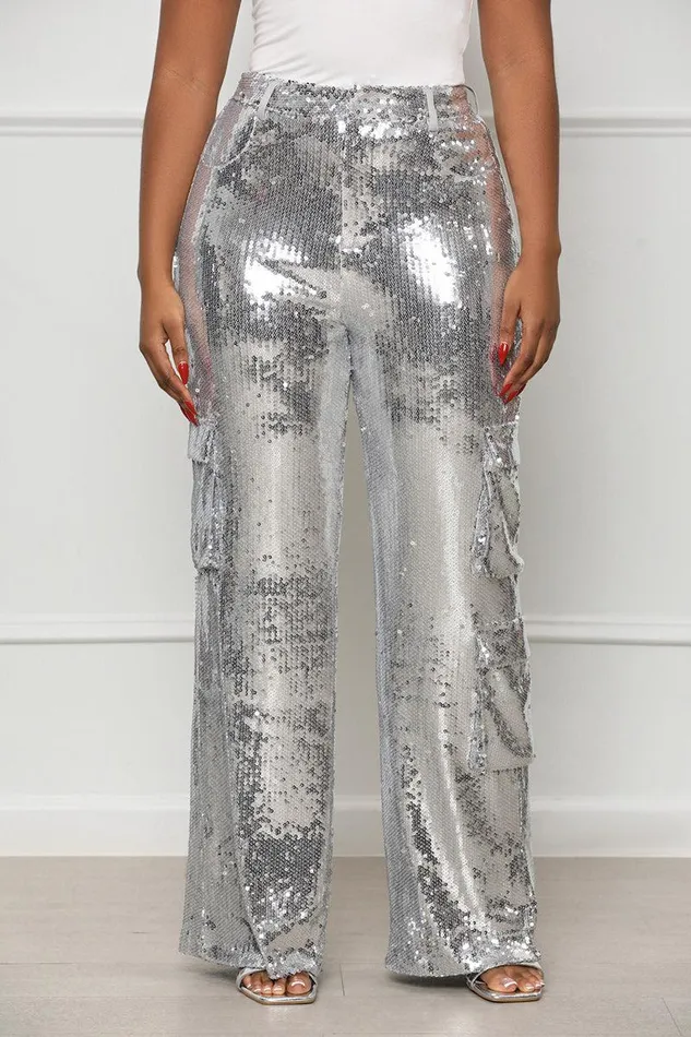 Lilly039s Kloset Bottoms Women Top Tier Sequin Cargo Pants Silver