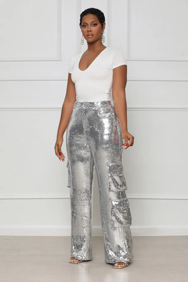 Lilly039s Kloset Bottoms Women Top Tier Sequin Cargo Pants Silver