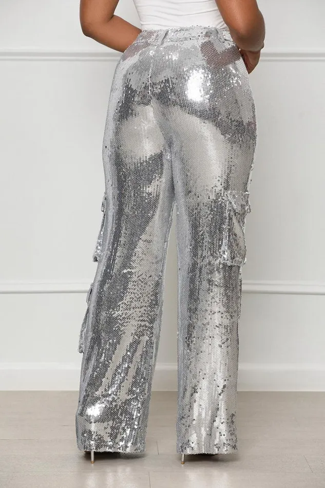 Lilly039s Kloset Bottoms Women Top Tier Sequin Cargo Pants Silver