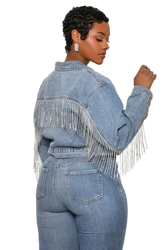 Lilly039s Kloset Denim Women Let It Shine Rhinestone Fringe Jean Jacket FINAL SALE Lilly039s Kloset Denim Women Let It Shine Rhinestone Fringe Jean Jacket FINAL SALE