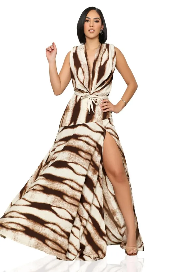 Lilly039s Kloset Dresses Women Wild One High Slit Maxi Dress Brown Multi