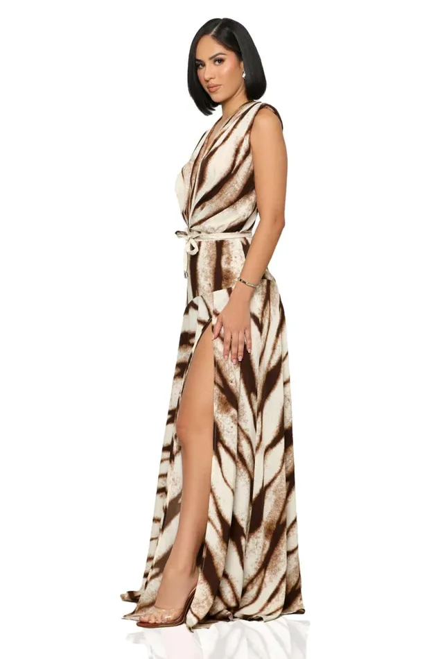 Lilly039s Kloset Dresses Women Wild One High Slit Maxi Dress Brown Multi