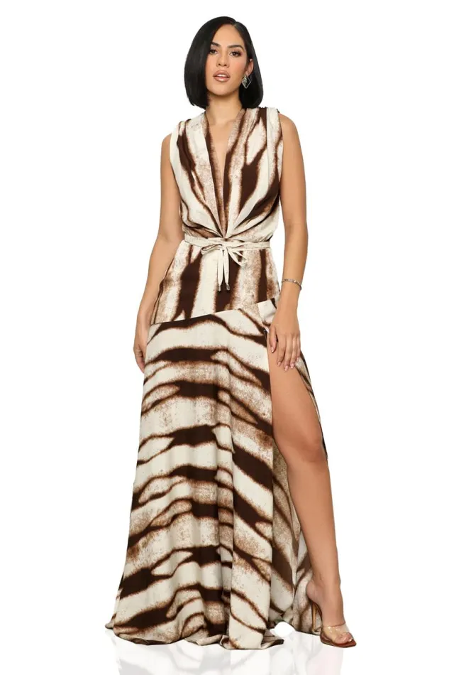 Lilly039s Kloset Dresses Women Wild One High Slit Maxi Dress Brown Multi