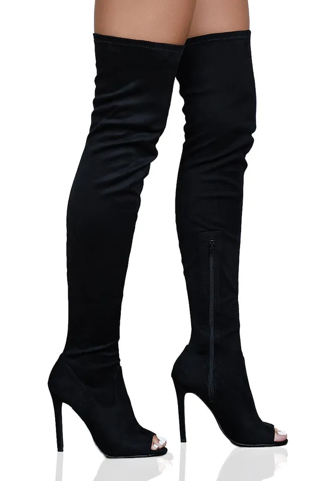 Lilly039s Kloset Heels Women Lori Thigh High Peep Toe Boot Black FINAL SALE