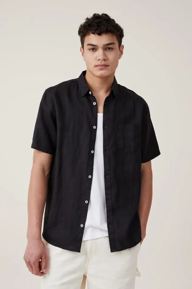 Linen Short Sleeve Shirt Black Men Cotton On Shirts and Polos