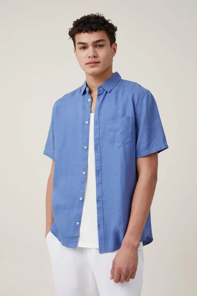 Linen Short Sleeve Shirt Pacific Blue Men Cotton On Shirts and Polos