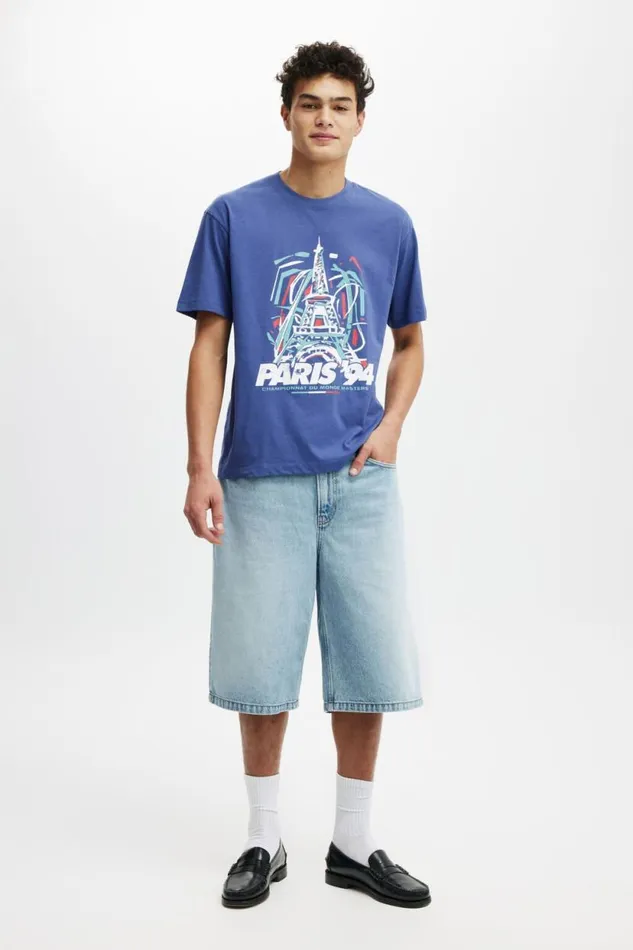 Loose Fit Art TShirt Mazarine Blue Eiffel Tower 94 Men Cotton On Tees and Tanks