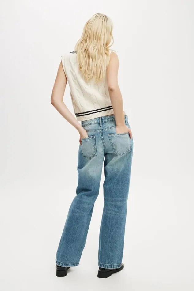 Low Rise Straight Jean Storm Blue Rip Women Cotton On Pants