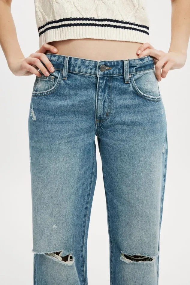 Low Rise Straight Jean Storm Blue Rip Women Cotton On Pants