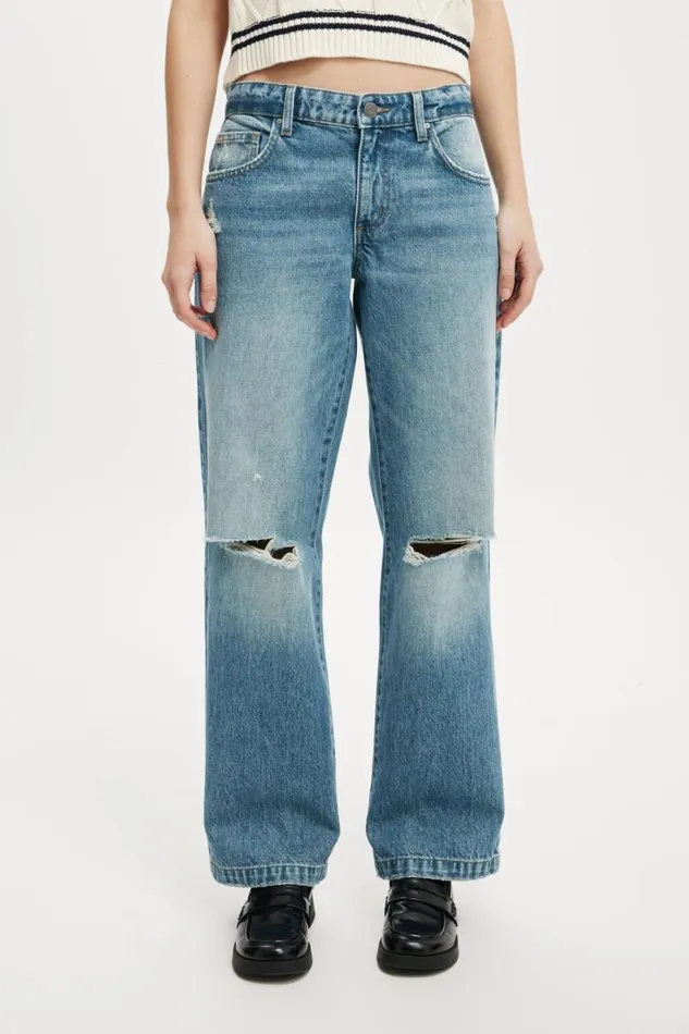 Low Rise Straight Jean Storm Blue Rip Women Cotton On Pants