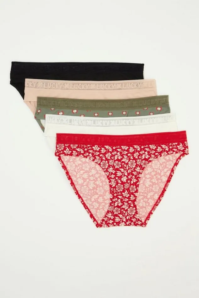 Lucky Brand 5 Pack Floral Hipster Dark Red Women Intimates and Sleepwear