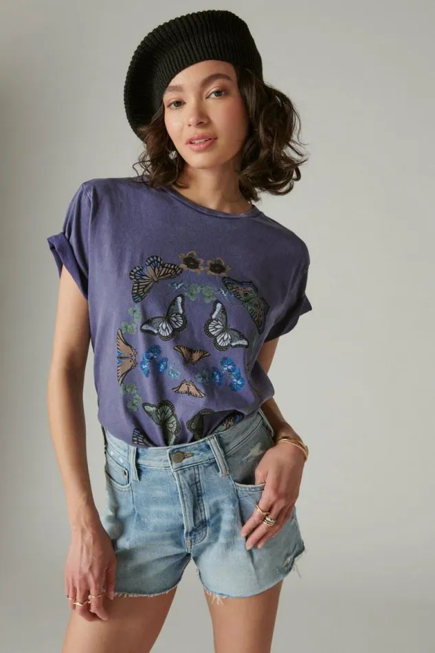 Lucky Brand Butterflies Boyfriend Tee Blue Ribbon Women Graphic Tees