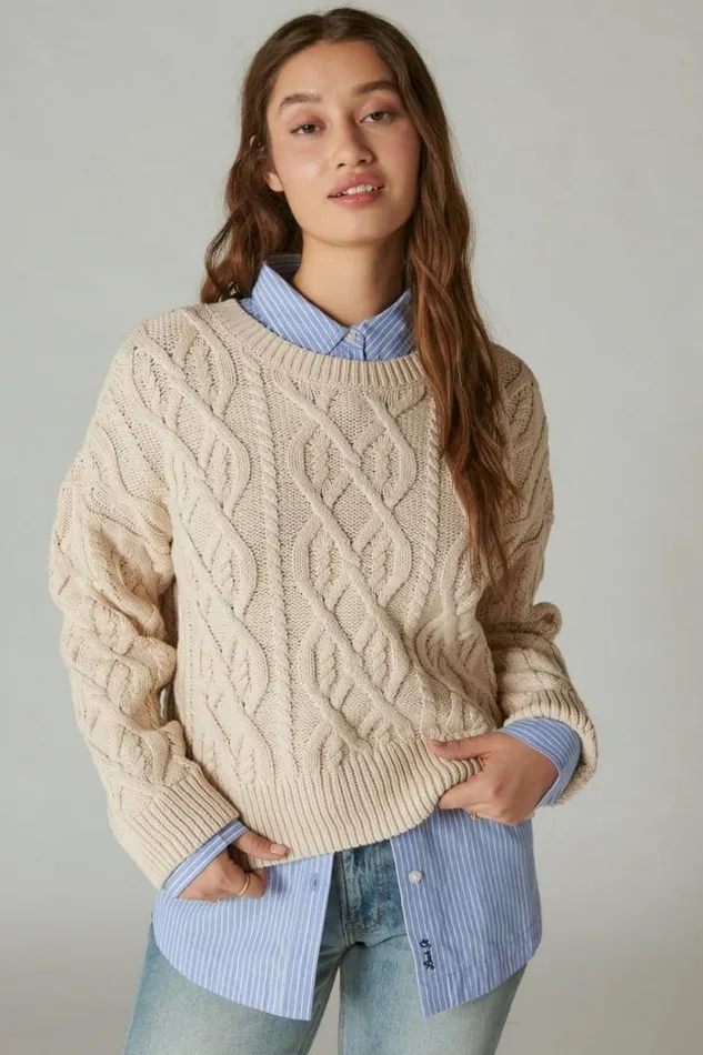 Lucky Brand Cable Stitch Pullover Grey Morn Women Sweaters and Sweatshirts