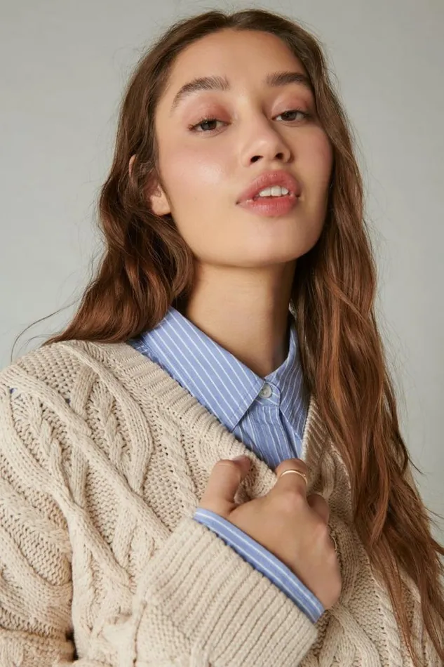 Lucky Brand Cable Stitch Pullover Grey Morn Women Sweaters and Sweatshirts