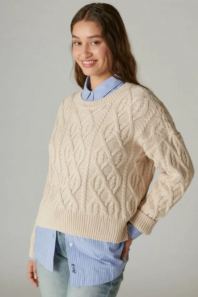 Lucky Brand Cable Stitch Pullover Grey Morn Women Sweaters and Sweatshirts