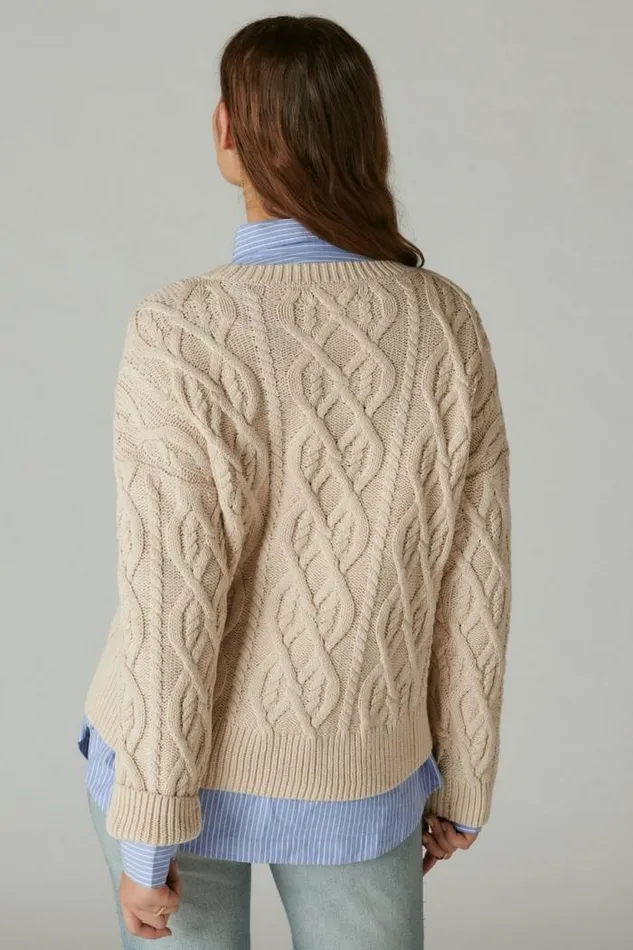 Lucky Brand Cable Stitch Pullover Grey Morn Women Sweaters and Sweatshirts