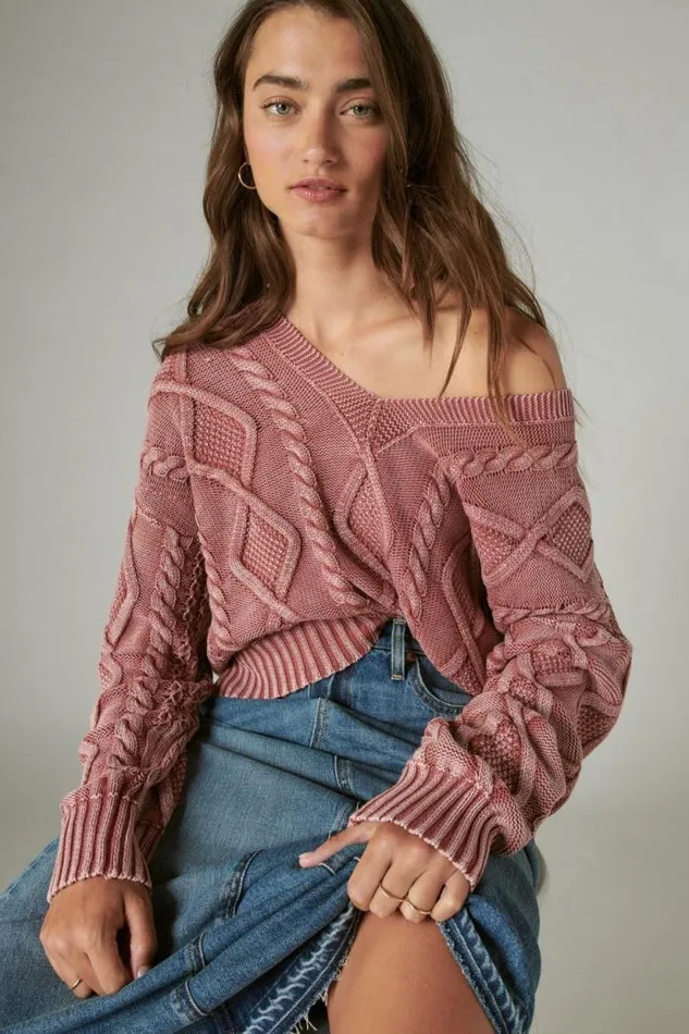 Lucky Brand Cable Stitch V Neck Pullover Apple Butter Heavy Acid Washed Women All Tops