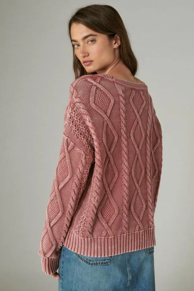 Lucky Brand Cable Stitch V Neck Pullover Apple Butter Heavy Acid Washed Women All Tops