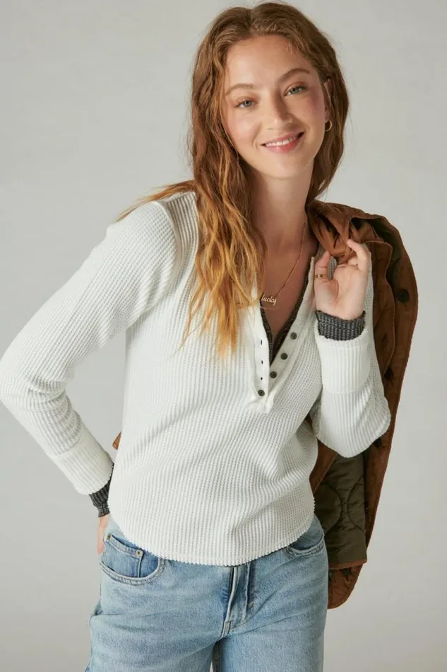 Lucky Brand Chunky Cropped Raw Edge Henley Whisper White Women All Tops