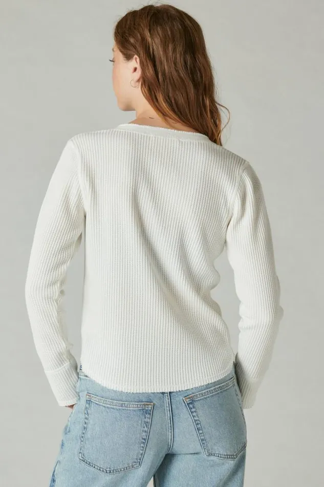 Lucky Brand Chunky Cropped Raw Edge Henley Whisper White Women All Tops
