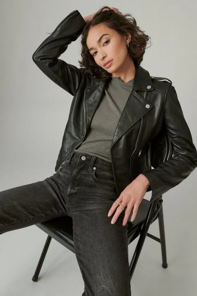Lucky Brand Classic Leather Moto Jacket Washed Black Women Jackets and Outerwear Lucky Brand Classic Leather Moto Jacket Washed Black Women Jackets and Outerwear
