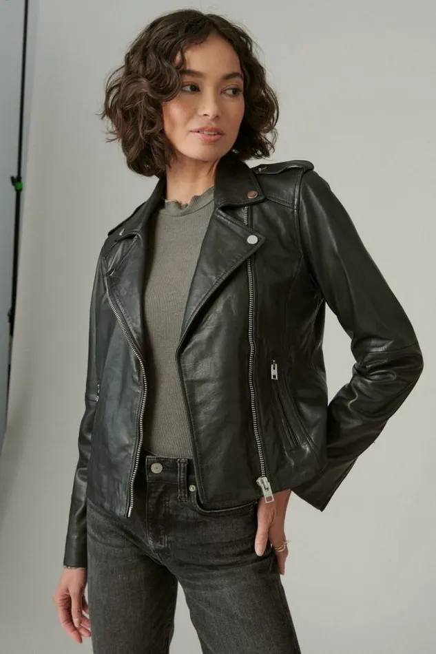 Lucky Brand Classic Leather Moto Jacket Washed Black Women Jackets and Outerwear