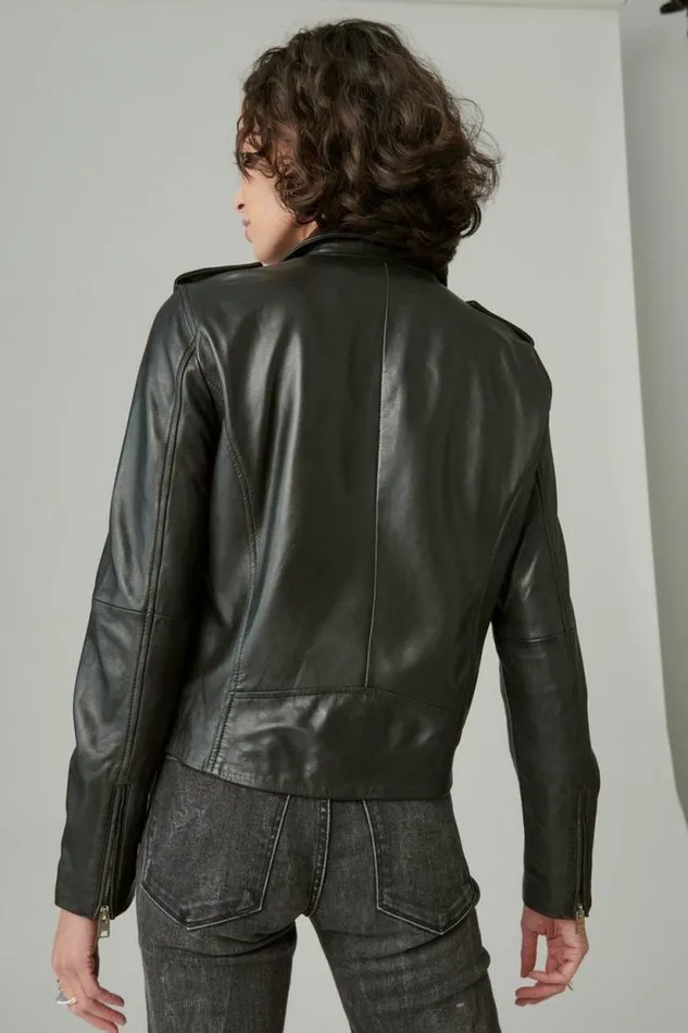 Lucky Brand Classic Leather Moto Jacket Washed Black Women Jackets and Outerwear