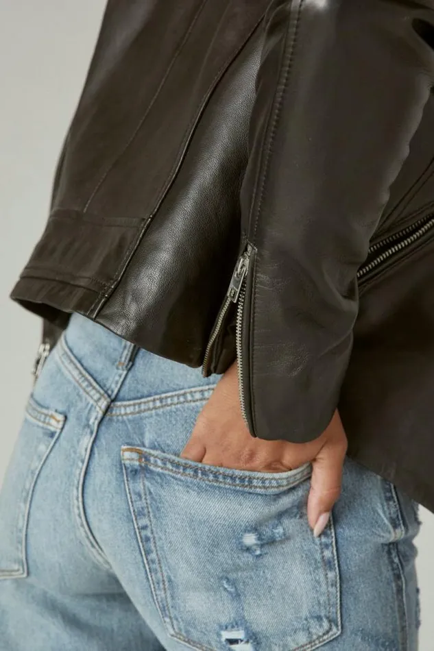 Lucky Brand Classic Leather Moto Jacket Washed Black Women Jackets and Outerwear