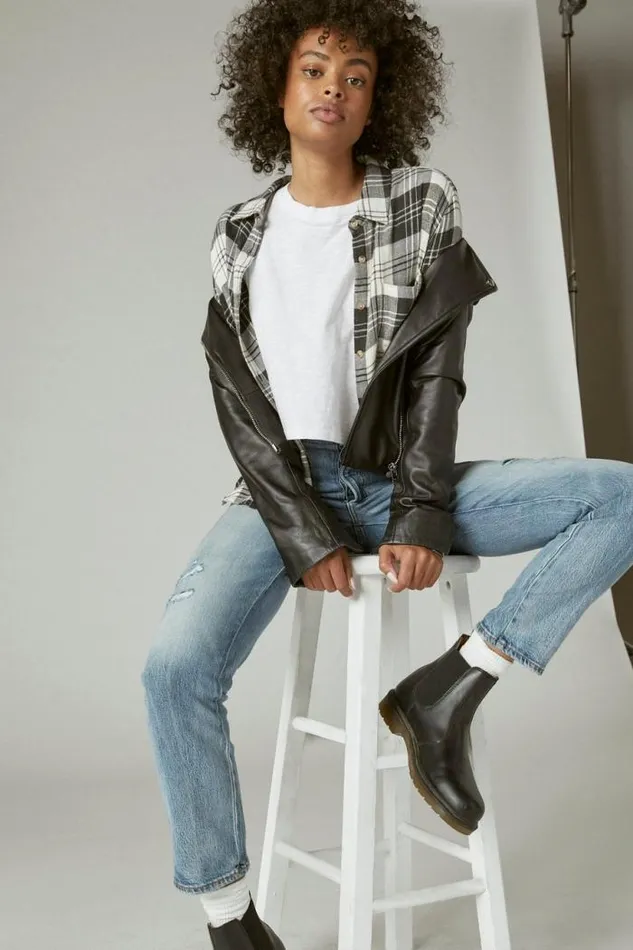 Lucky Brand Classic Leather Moto Jacket Washed Black Women Jackets and Outerwear