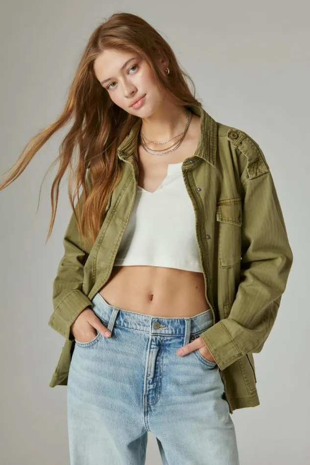 Lucky Brand Classic Military Jacket Olive Drab Women Jackets and Outerwear