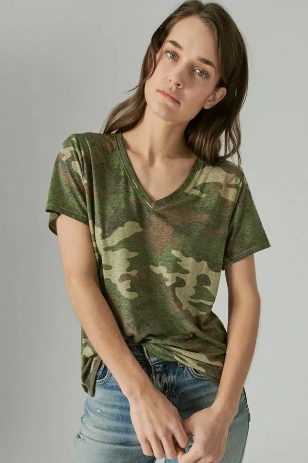 Lucky Brand Classic Vneck Green Camo Women All Tops