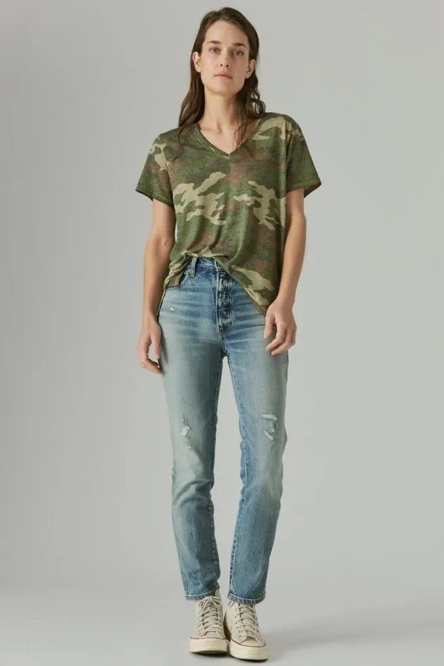 Lucky Brand Classic Vneck Green Camo Women All Tops