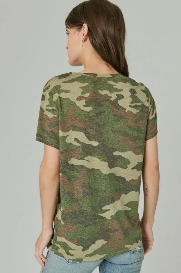 Lucky Brand Classic Vneck Green Camo Women All Tops