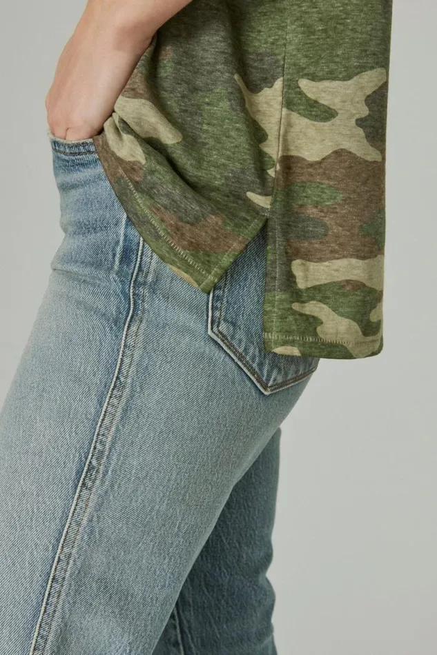 Lucky Brand Classic Vneck Green Camo Women All Tops