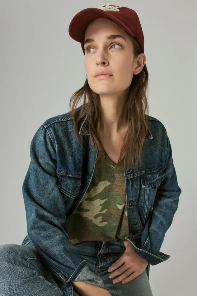Lucky Brand Classic Vneck Green Camo Women All Tops