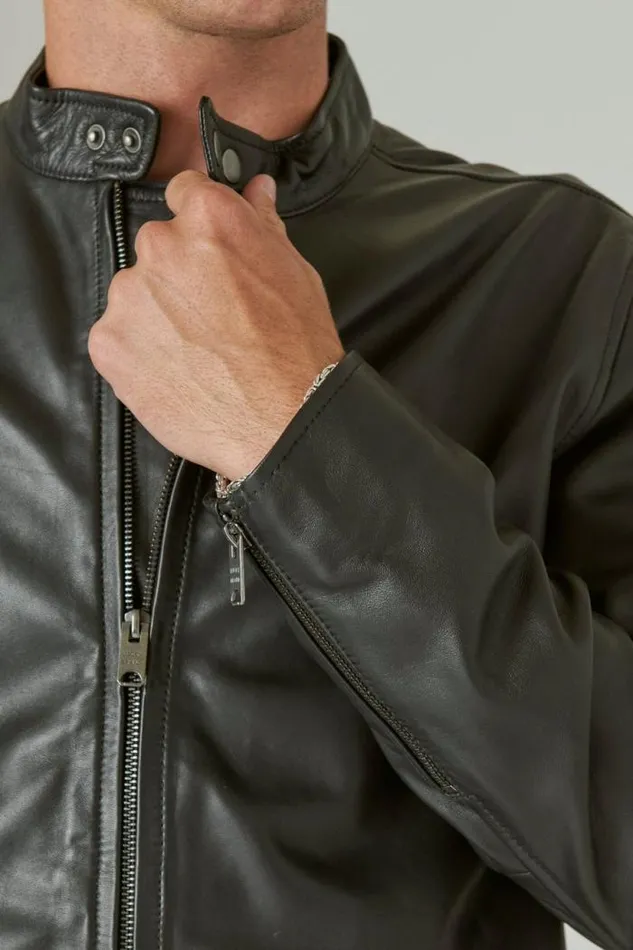 Lucky Brand Clean Leather Bonneville Jacket 001 Black Men Jackets and Outerwear