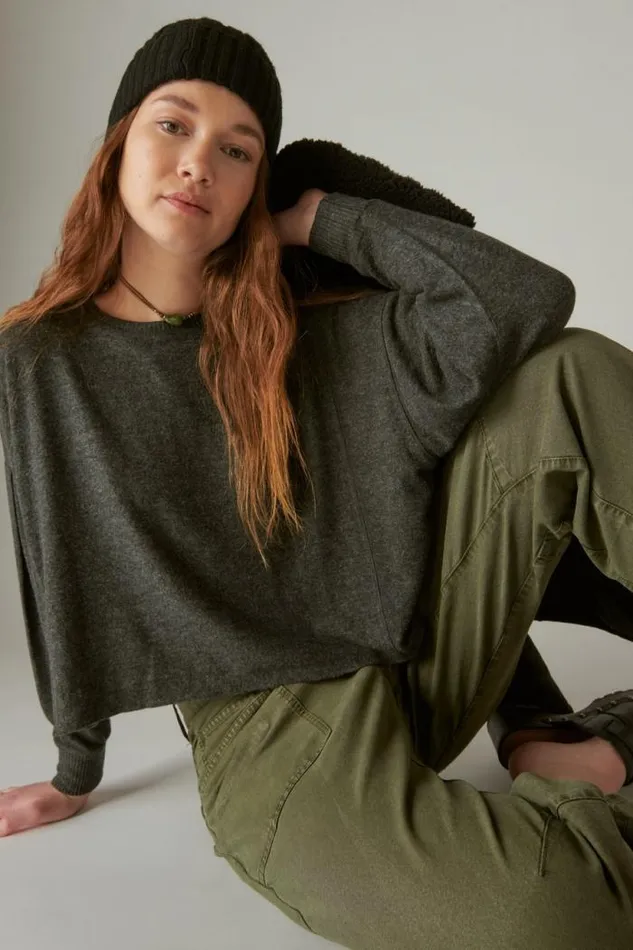 Lucky Brand Cloud Jersey Exposed Seam Top Charcoal Heather Women Activewear